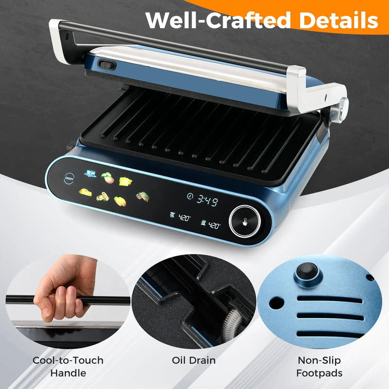 1200W Panini Press Grill with LED Display and 7 Grilling Modes-Blue by DirectDeals