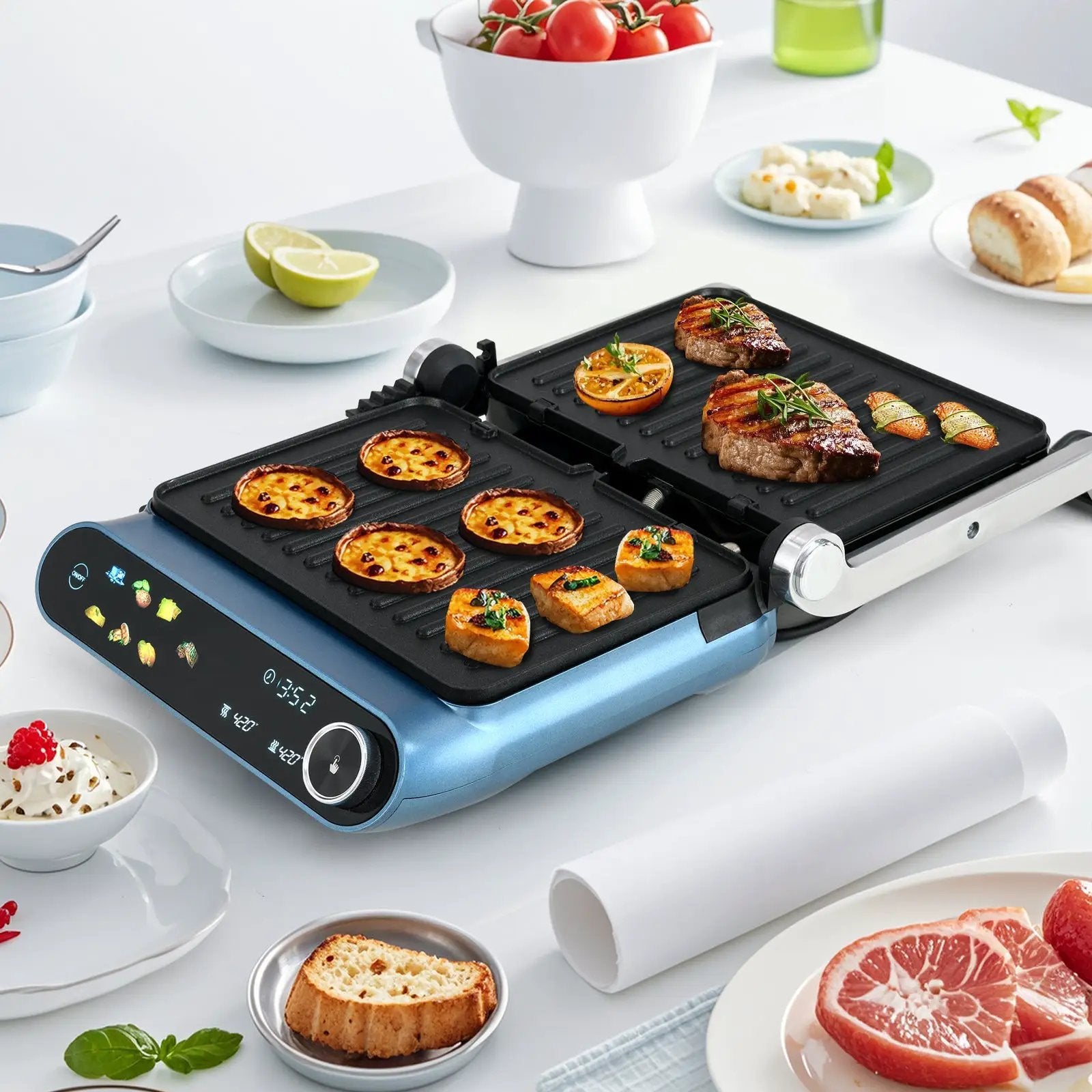 1200W Panini Press Grill with LED Display and 7 Grilling Modes-Blue by DirectDeals