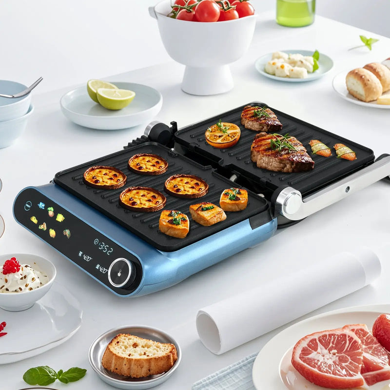 1200W Panini Press Grill with LED Display and 7 Grilling Modes-Blue by DirectDeals