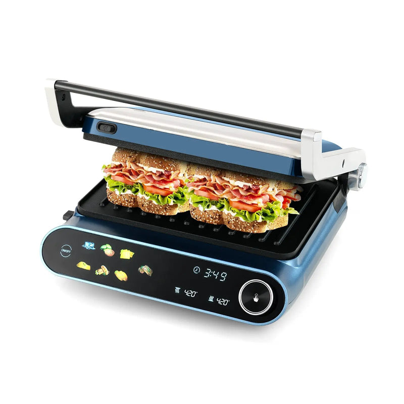 1200W Panini Press Grill with LED Display and 7 Grilling Modes-Blue by DirectDeals