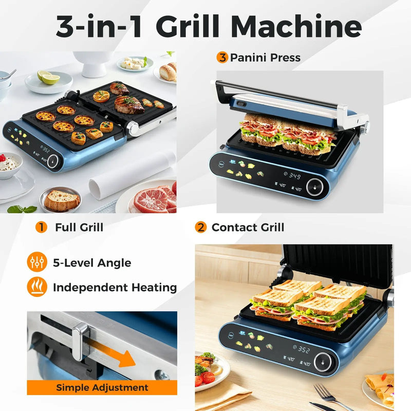 1200W Panini Press Grill with LED Display and 7 Grilling Modes-Blue by DirectDeals