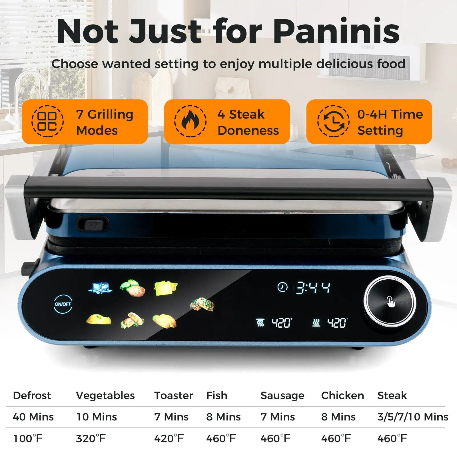 1200W Panini Press Grill with LED Display and 7 Grilling Modes-Blue by DirectDeals