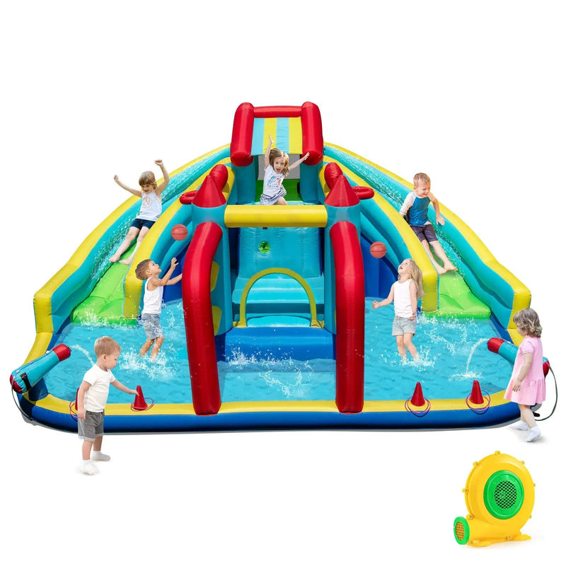 Inflatable Double Water Slide Park with Obstacle Course and 680W Blower by DirectDeals