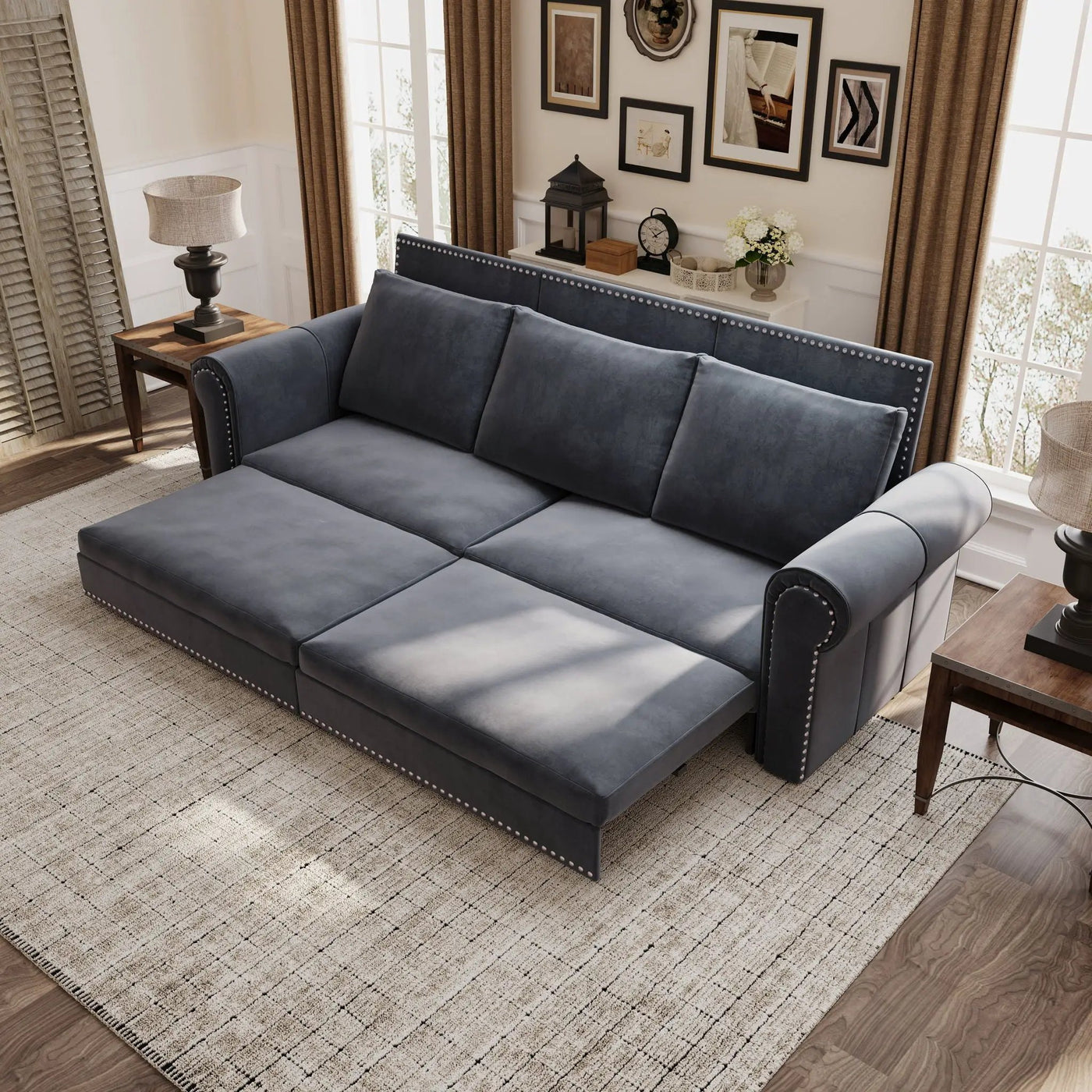 3 In 1 Convertible Sleeper Sofa With Nailhead Trim & Rolled Arm by HouseOfZazla