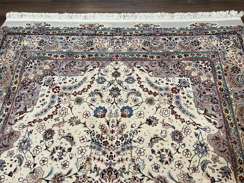 Beautiful Pak Persian Rug 6x9, Floral Medallion, Wool and Silk, Highly Detailed Elegant Carpet, Vintage Oriental Rug 6 x 9, Cream and Gray by Jewel Rugs