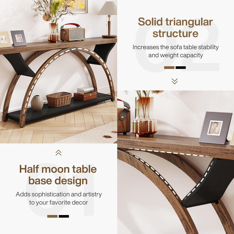 Console Table With 2 Tier Storage And Half Moon Frame For Hallway - Brown / Black by HouseOfZazla