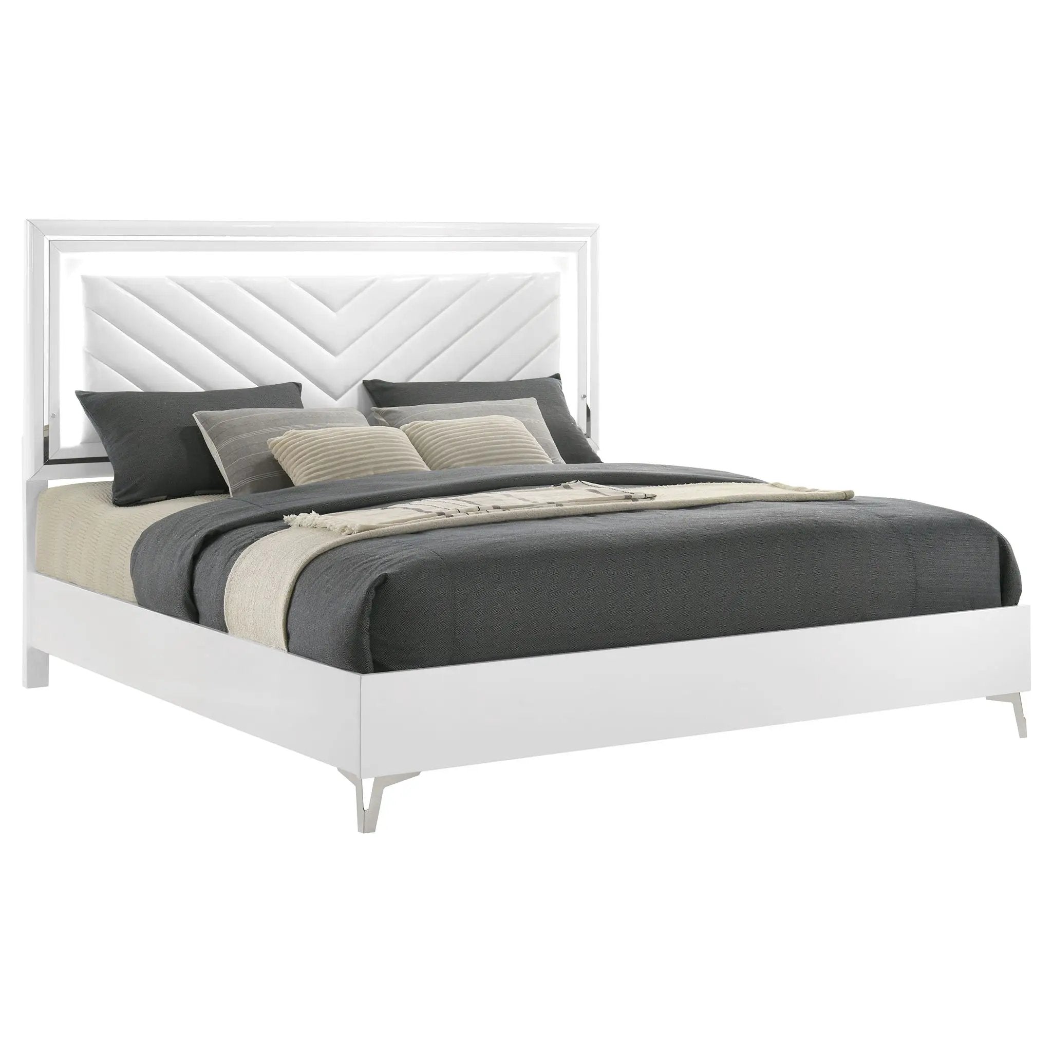 Cassia Eastern King LED Panel Bed White High Gloss by Unique Piece Furniture