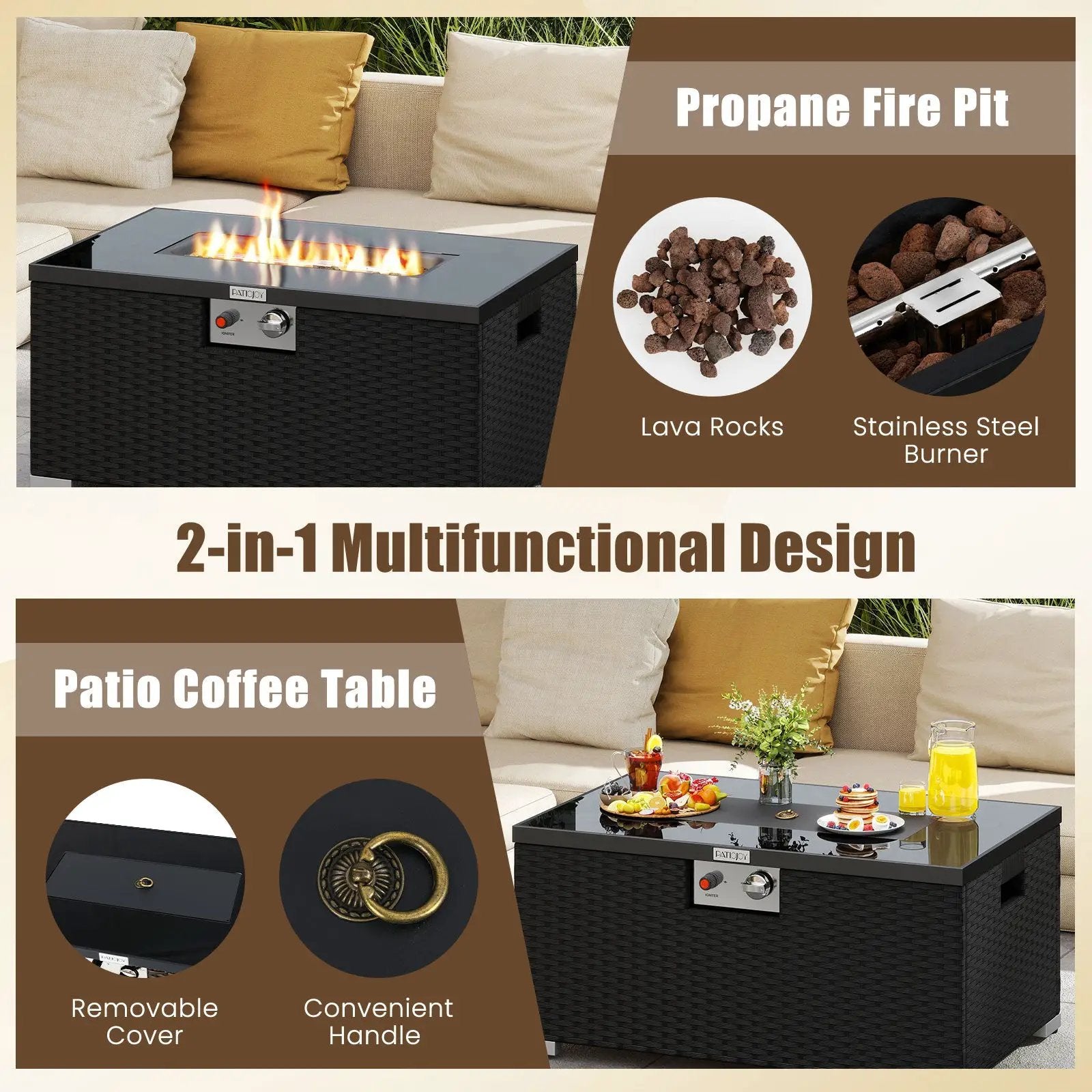 2-Piece Outdoor Rattan Fire Table Set 32 Inch Rectangle Gas Firepit with Tank Cover by DirectDeals