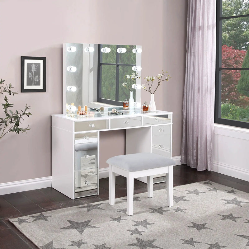 Regina Makeup Vanity Table Set with Lighting White by Unique Piece Furniture