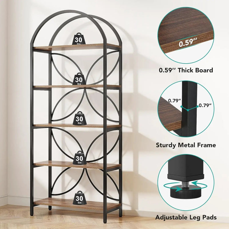 Tall 5 Tier Arched Bookshelf With Shelves For Living Room - Rustic Brown by HouseOfZazla