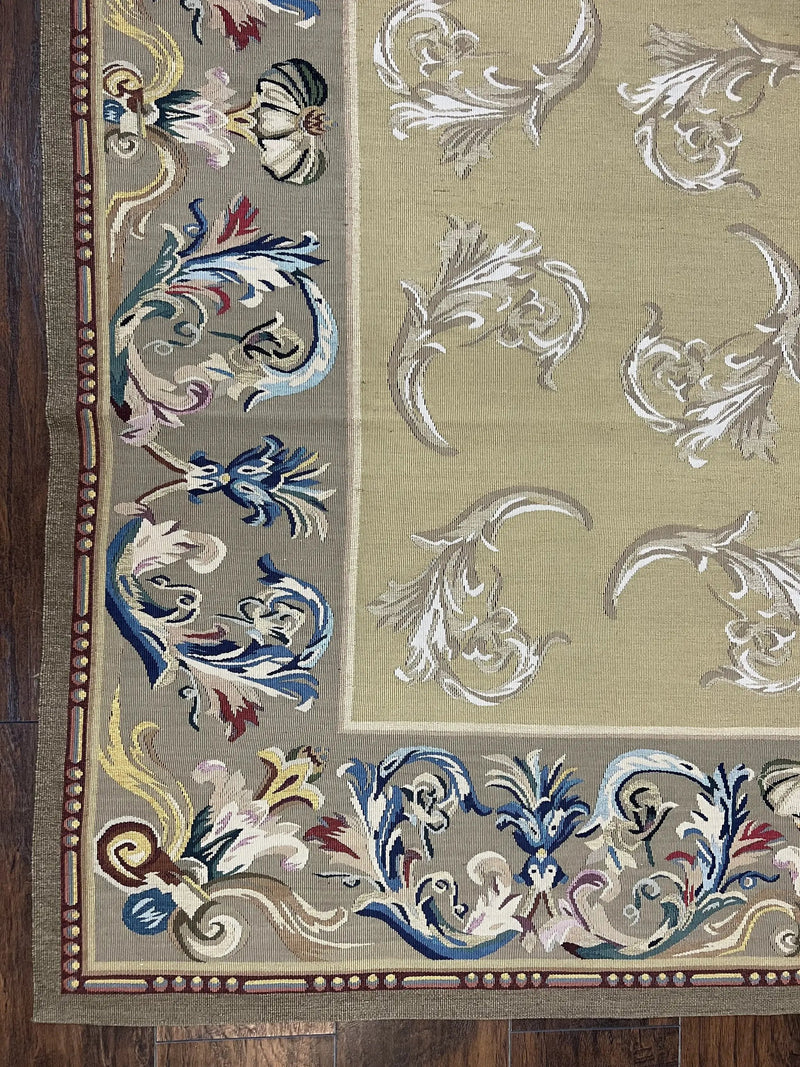 Vintage Aubusson Flatweave Area Rug 9x12, Aubusson Weave, Wool, Beige, Handmade, French European Design, 8'9" x 11'9" by Jewel Rugs