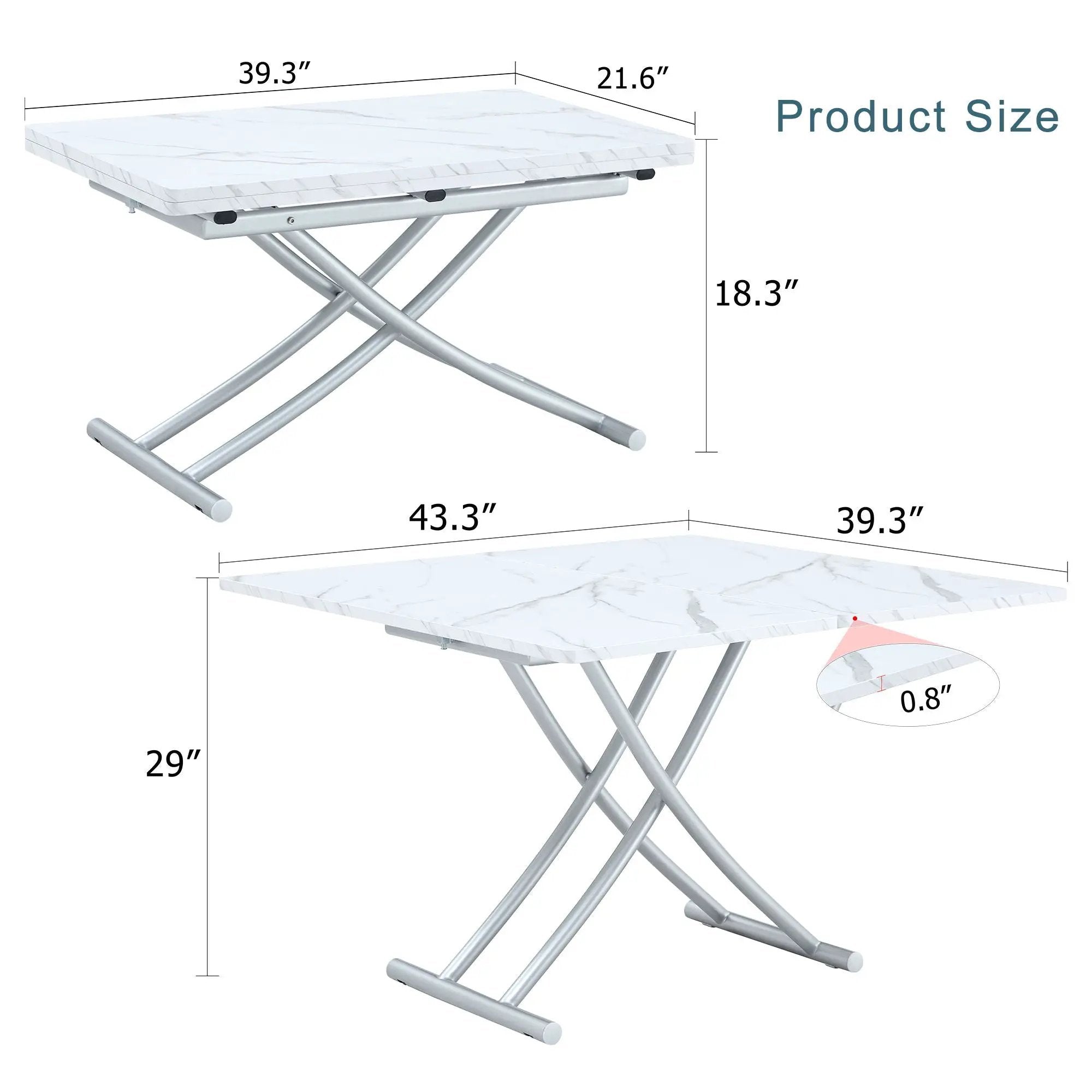 Modern Minimalist Multifunctional Lift Table With Metal Legs - White / Silver by HouseOfZazla
