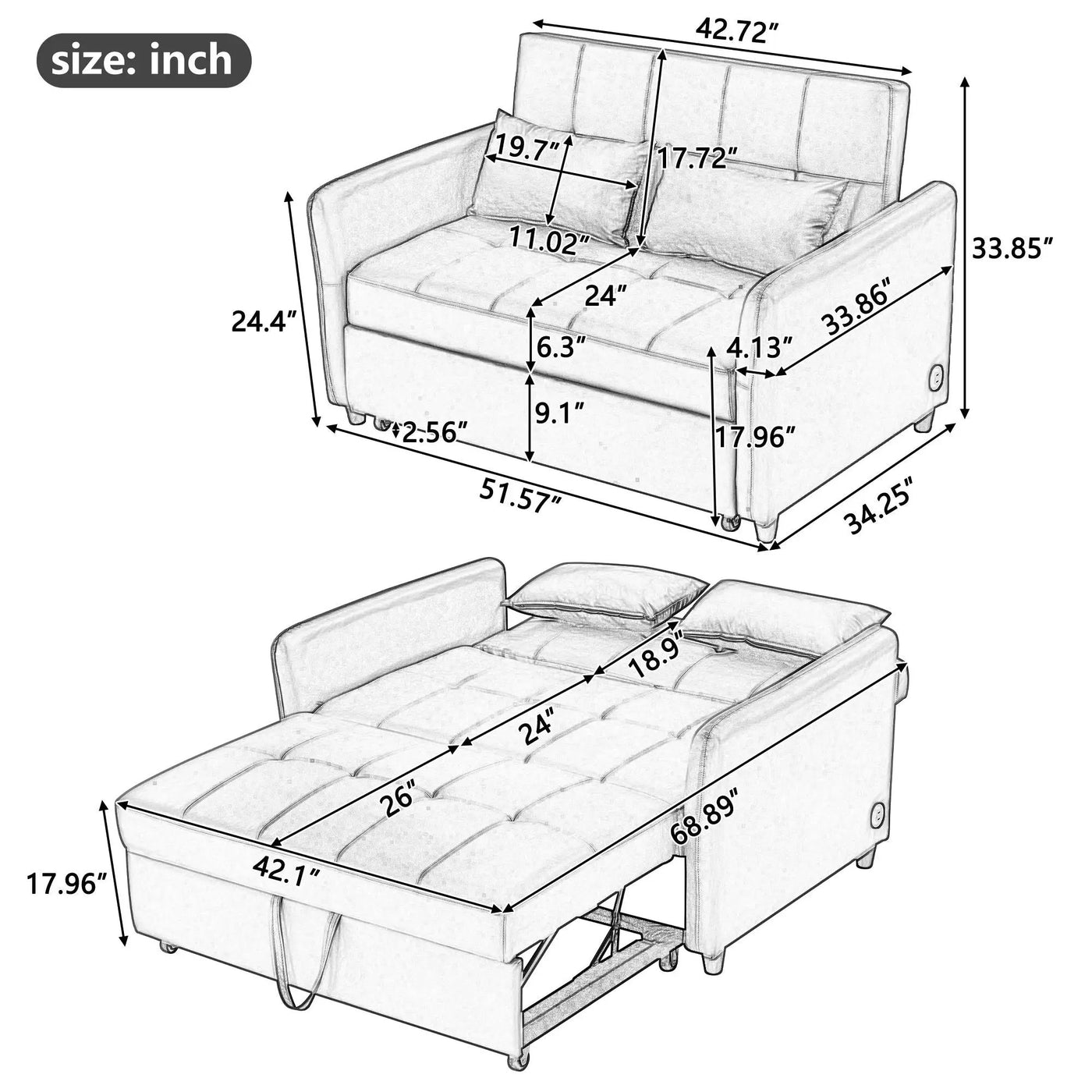 Convertible Sleeper Sofa Bed With 3 USB Ports by HouseOfZazla