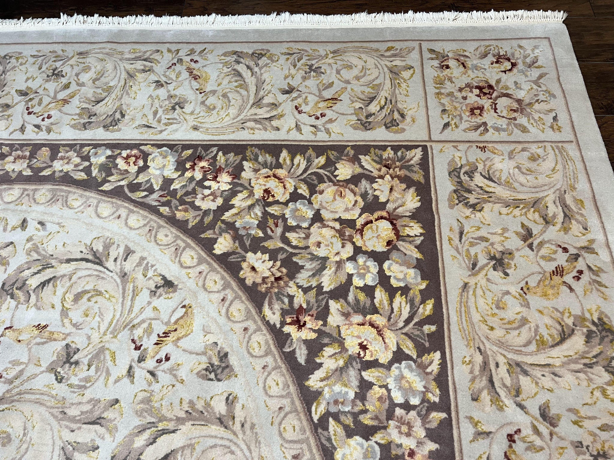 Aubusson Rug 10x14, Wool & Silk Highlights Hand Knotted Vintage Carpet, Birds Flowers, Fine Details, Elegant by Jewel Rugs