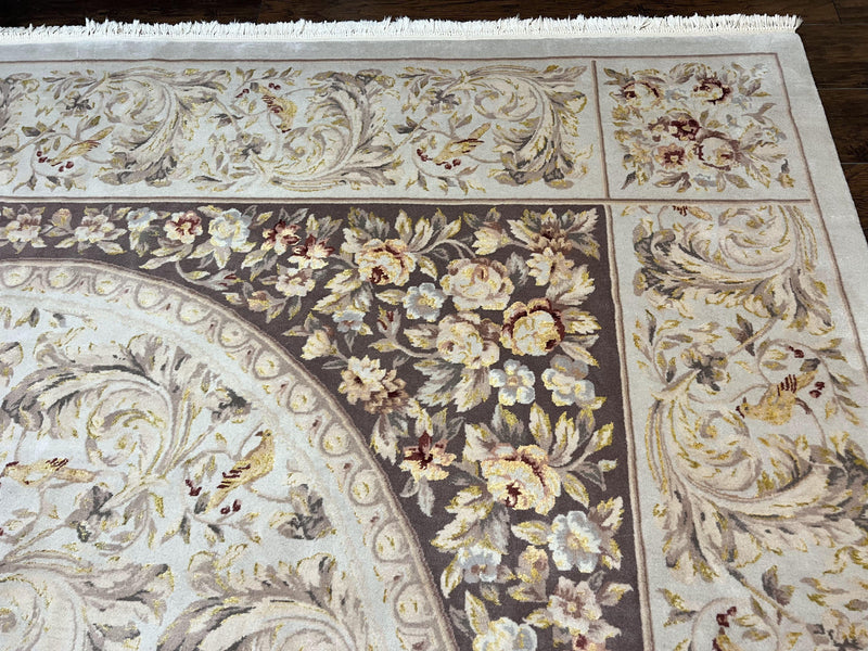 Aubusson Rug 10x14, Wool & Silk Highlights Hand Knotted Vintage Carpet, Birds Flowers, Fine Details, Elegant by Jewel Rugs