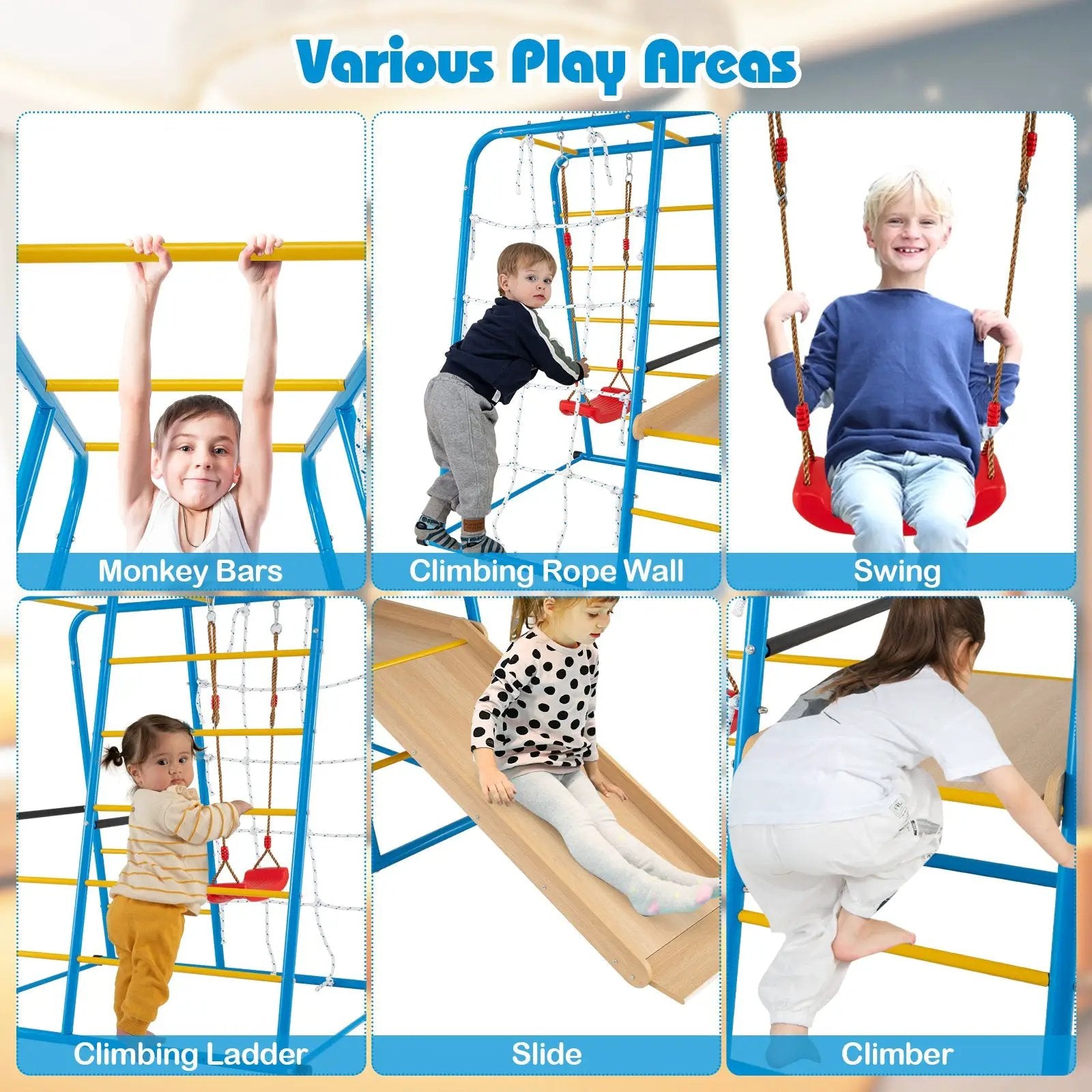 6-in-1 Indoor Jungle Gym with Slide for Boys and Girls 3+ Years Old-Blue by DirectDeals