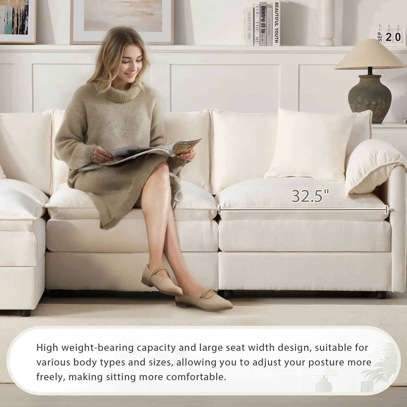 Modular Sectional With Deep And Wide Seat, Cloud Couch Set With Double Cushions Sofa With Movable Ottoman by Unique Piece Furniture