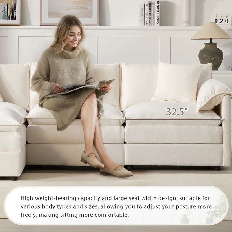 Modular Sectional With Deep And Wide Seat, Cloud Couch Set With Double Cushions Sofa With Movable Ottoman by HouseOfZazla