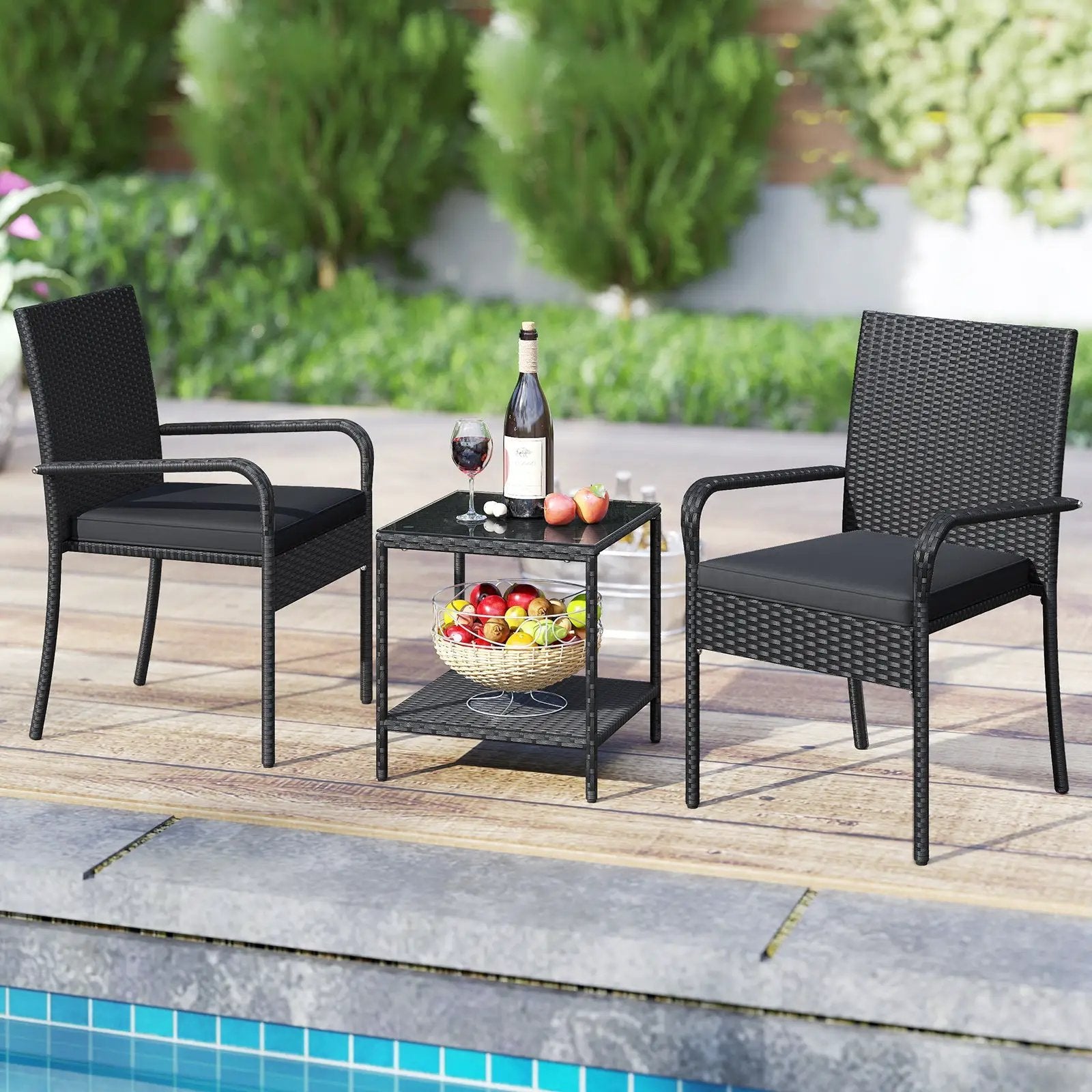 3 Piece Patio Furniture Set with Seat Cushions and Tempered Glass Tabletop by DirectDeals