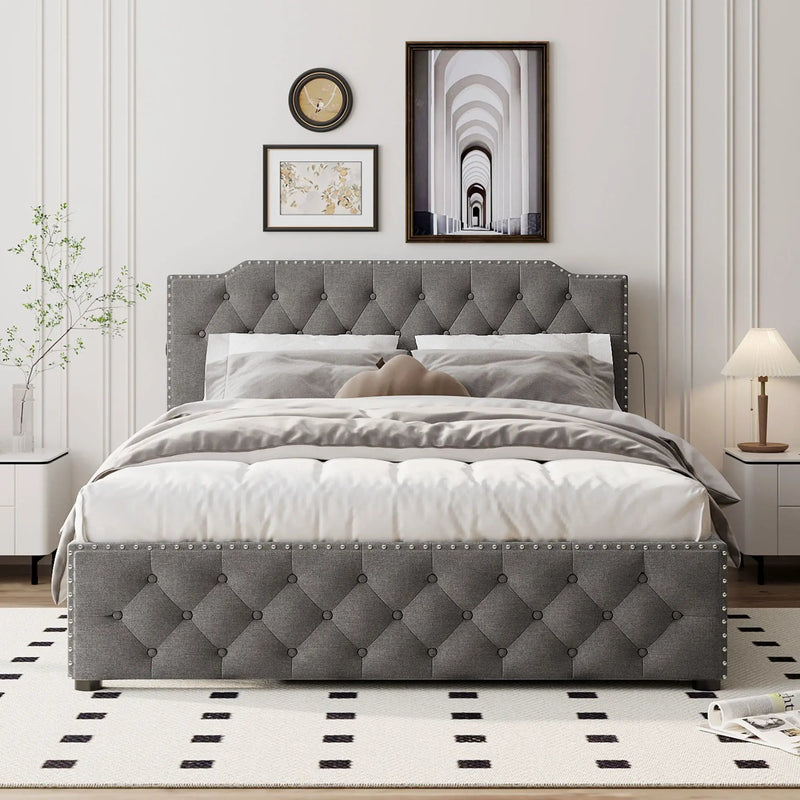 Upholstered Platform Bed With Trundle And 2 Sets Of USB Ports On Each Side, Fabric by Unique Piece Furniture