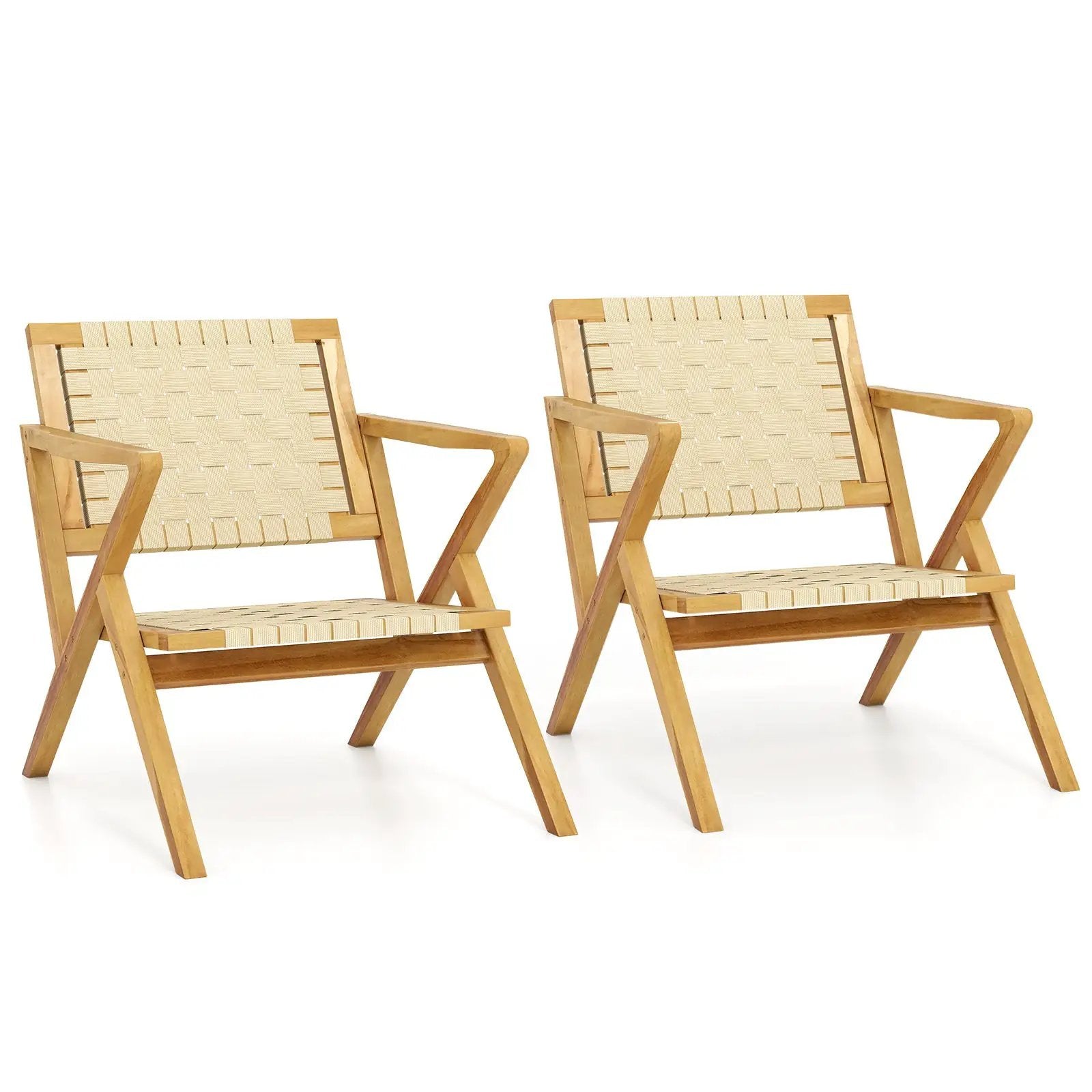 Outdoor and Indoor Teak Wood Patio Chair wuth Webbing Seat and Backrest-Natural by DirectDeals