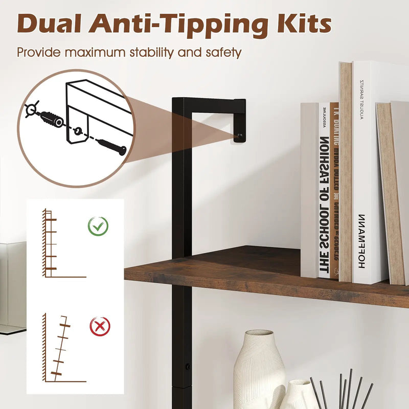 5 Tier Wall Mount Ladder Shelf with Anti-Tipping Kits for Home Office-Rustic Brown by DirectDeals