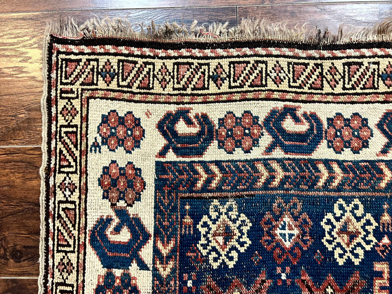 Antique Caucasian Kazak Rug 2.5 x 4, Navy Blue and Ivory, Hand Knotted Handmade Wool Rug by Jewel Rugs