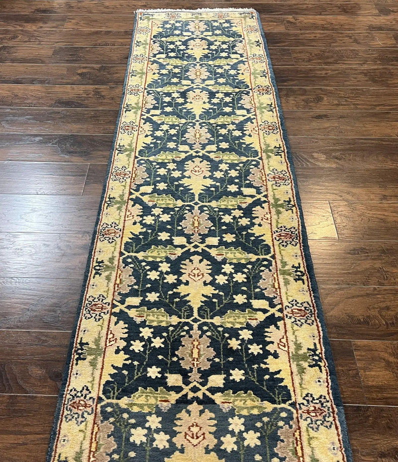 Indian Runner Rug 2.6 x 12, Navy Blue Beige Oriental Runner Rug 12ft Long, Narrow Hallway Runner, Wool Hand Knotted Indo Persian Mahal Rug by Jewel Rugs