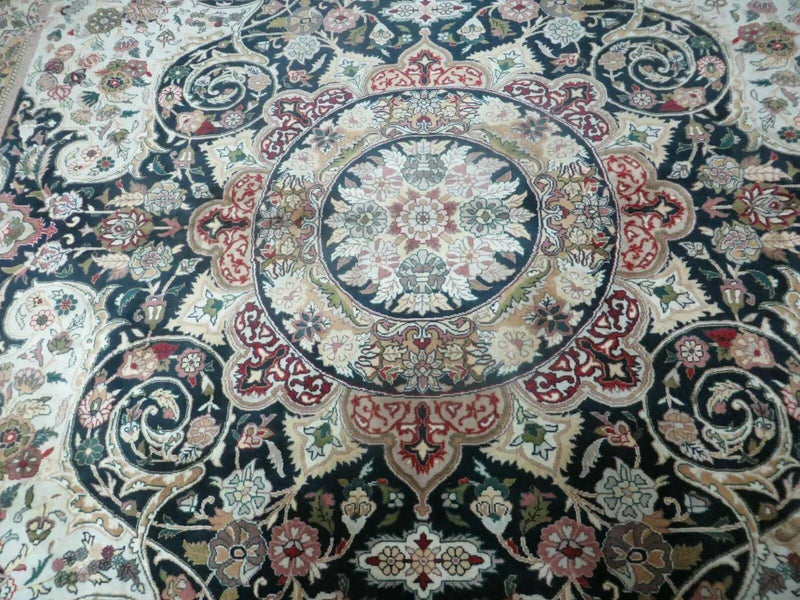 Beautiful Sino Persian Rug 9x12, Elegant High Quality Handmade Wool Oriental Carpet, Medallion with Corner Design, Floral, Black and Ivory by Jewel Rugs