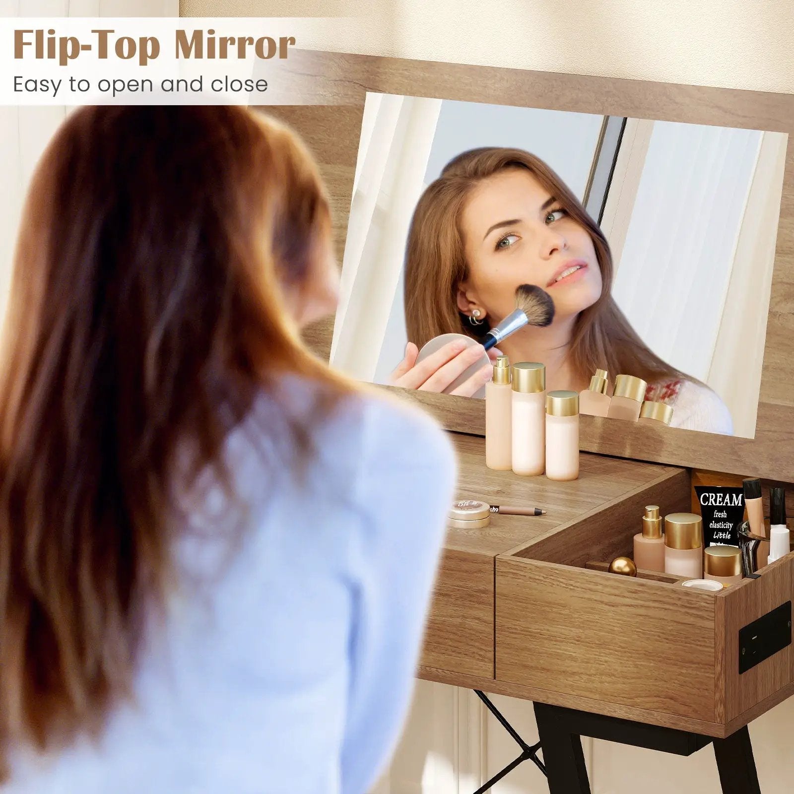 Vanity Desk with Flip Top Mirror Makeup Dressing Table-Rustic Brown by DirectDeals