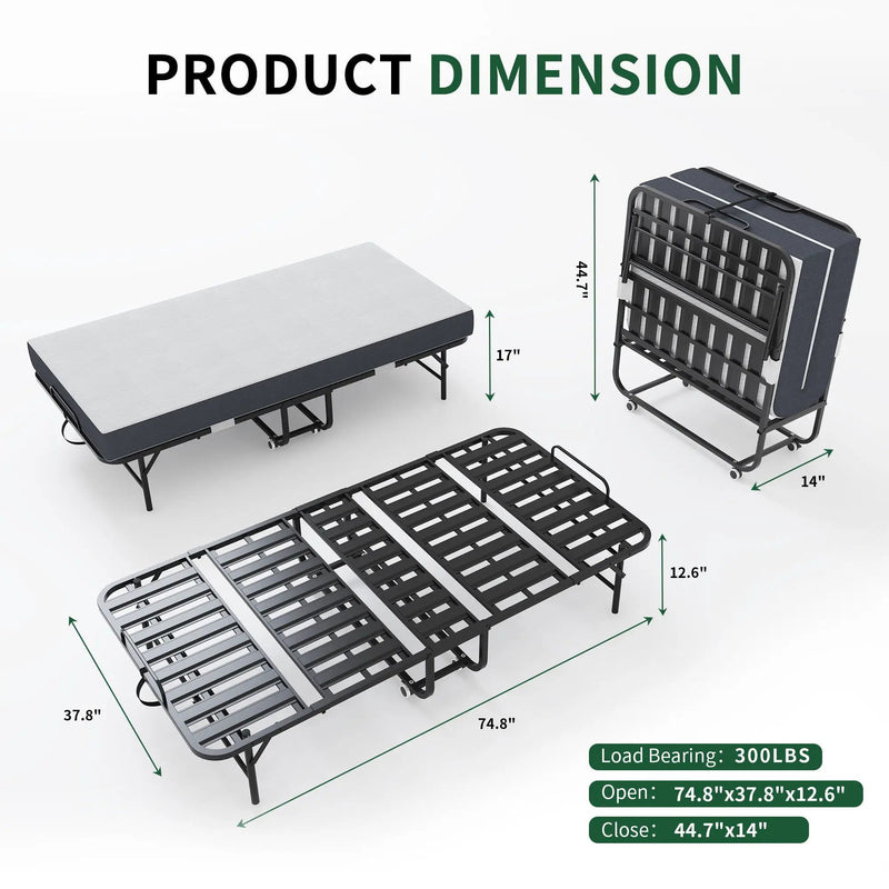 Twin Folding Bed With Memory Foam Mattress Portable Rollaway Bed Sturdy Metal Frame - Brushed Nickel by Unique Piece Furniture