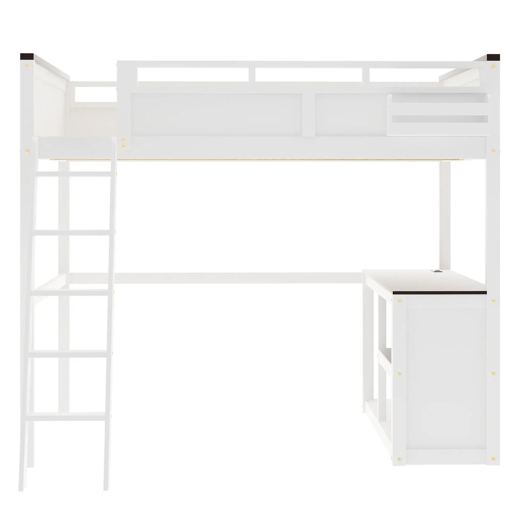 Queen Size Loft Bed With Desk, Open Shelf, Storage Box And USB Charging Station - White by HouseOfZazla