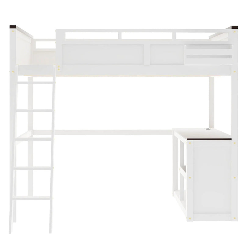 Queen Size Loft Bed With Desk, Open Shelf, Storage Box And USB Charging Station - White by HouseOfZazla