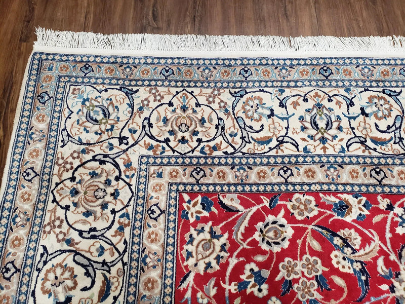 Persian Nain Rug 8x12, Red and Ivory, Signed by Jewel Rugs