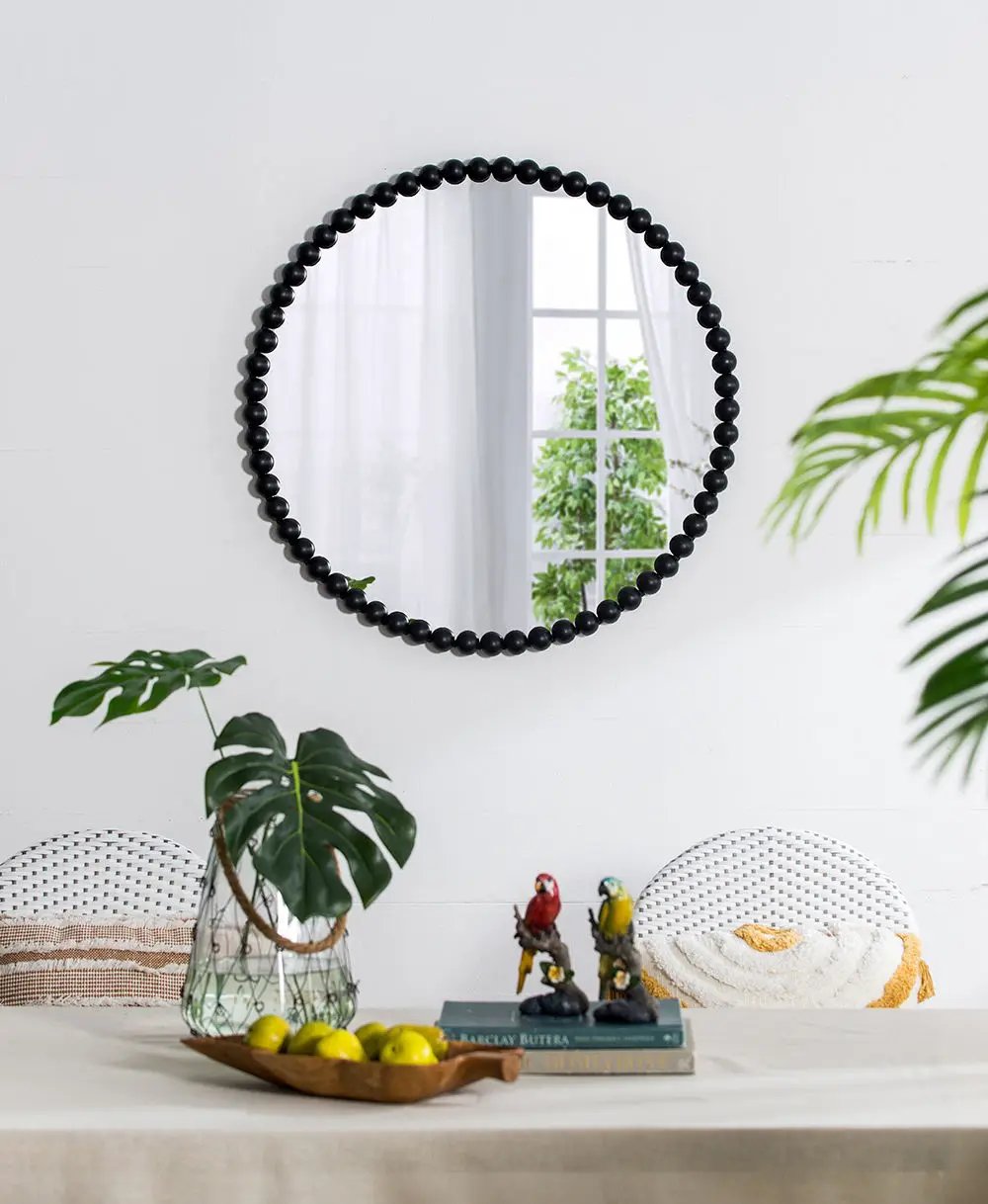 Circle Mirror With Metal Beaded Frame, Wall Mirror For Living Room Bedroom Entryway - Black by HouseOfZazla