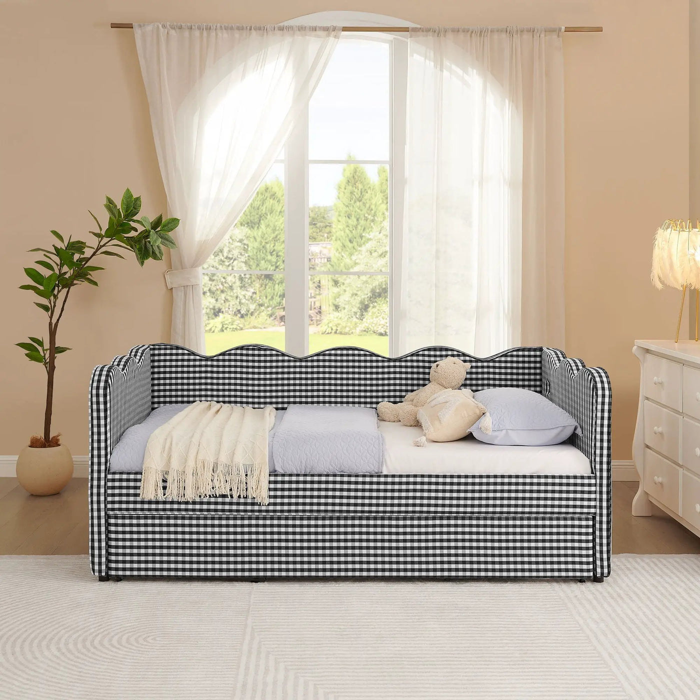 Gingham Daybed With USB Charging Port, Wave Shaped Design by HouseOfZazla