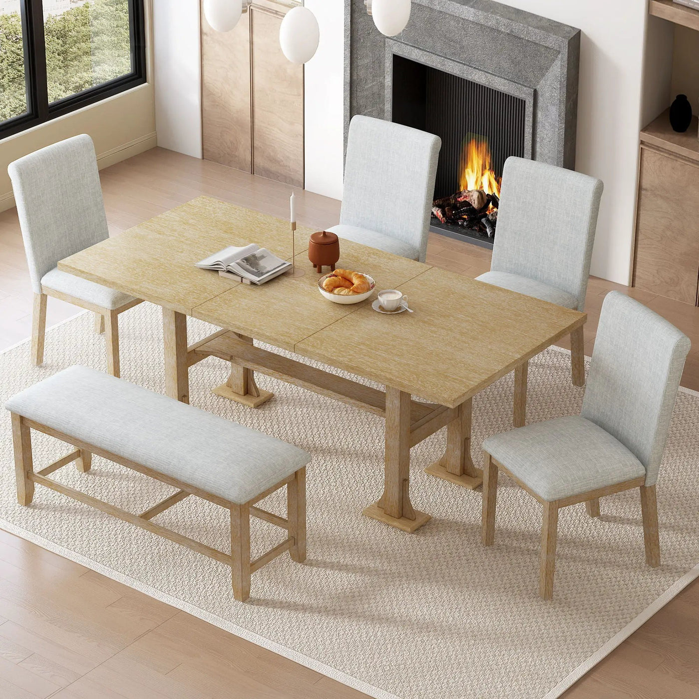 Topmax - 6 Piece Farmhouse Extendable Dining Table Set Trestle Kitchen Table Set With Removable Leaf And Upholstered Dining Chair And Bench For Dining Room by Unique Piece Furniture