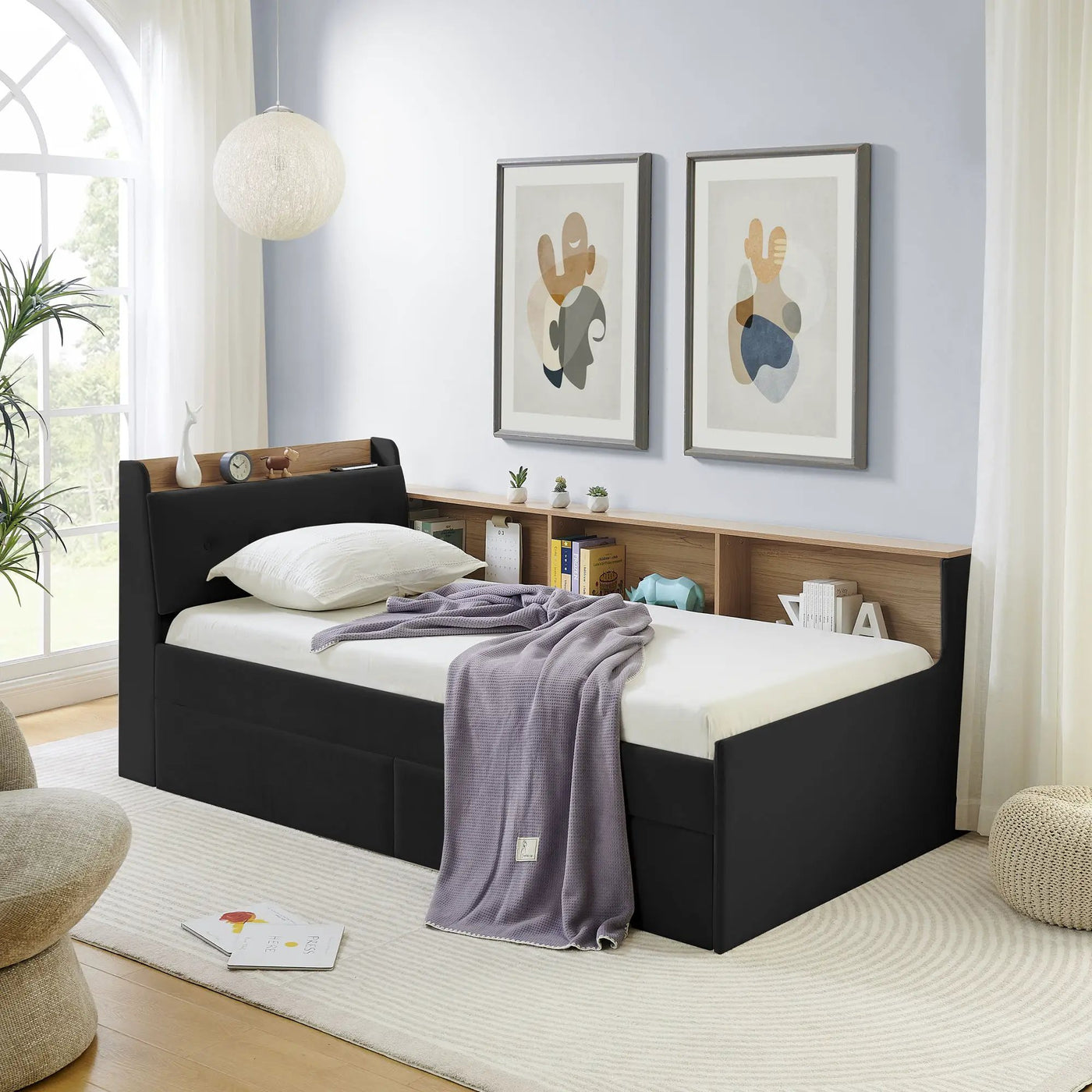 Upholstered Daybed With Storage Headboard, Wireless Charging, LED Lights by HouseOfZazla