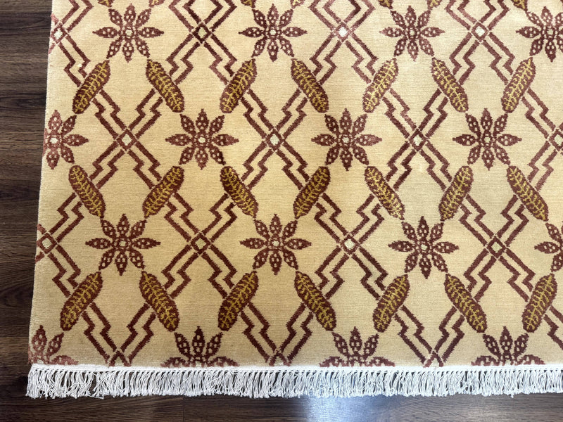 Tibetan Rug 8x10, Wool with Silk Highlights, Beige and Maroon, Contemporary Carpet by Jewel Rugs