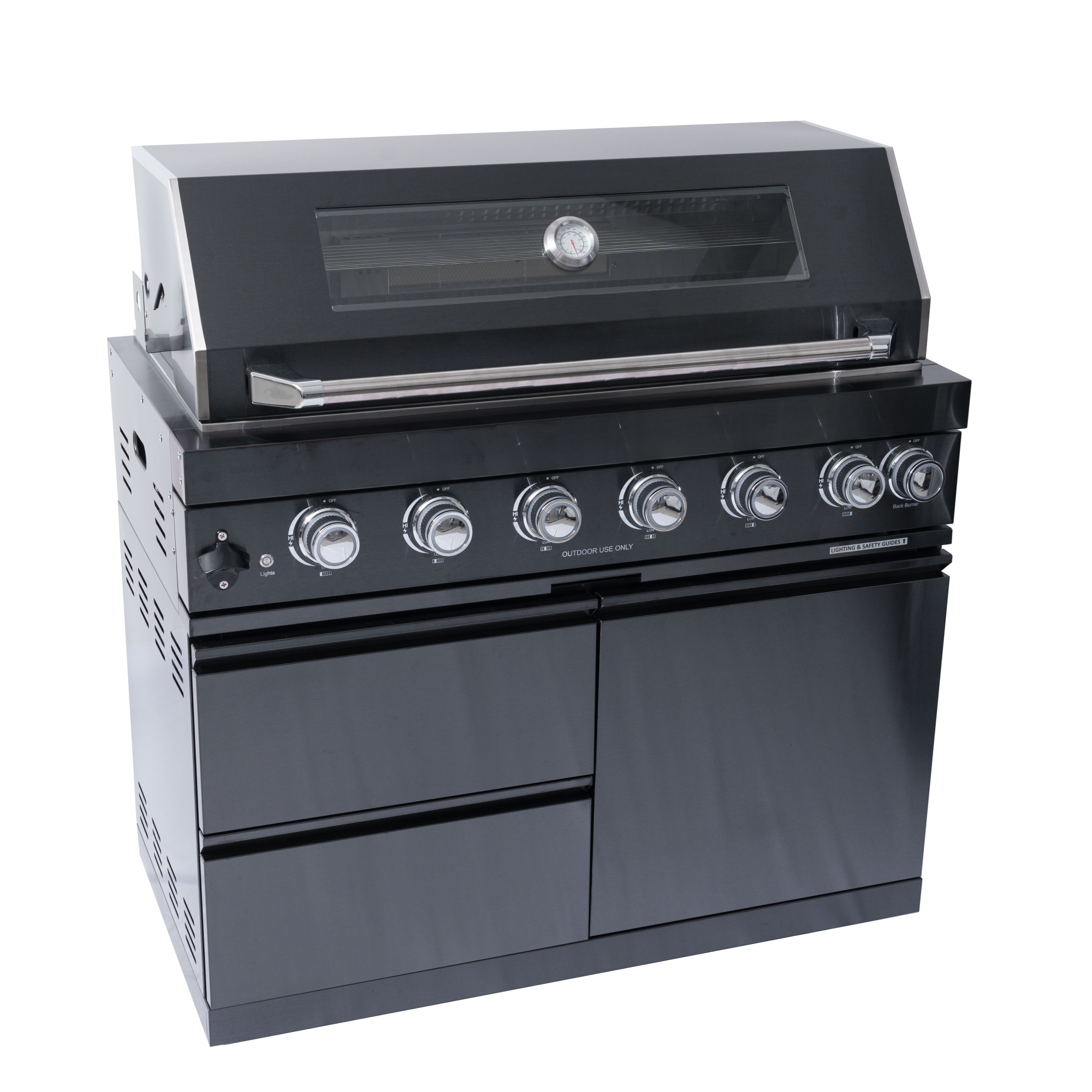 NG 85" 6-Burner 85,000 BTU Black Outdoor Kitchen Island Grill Refrigerator + Rotisserie Kit + Sink by Chery Industrial