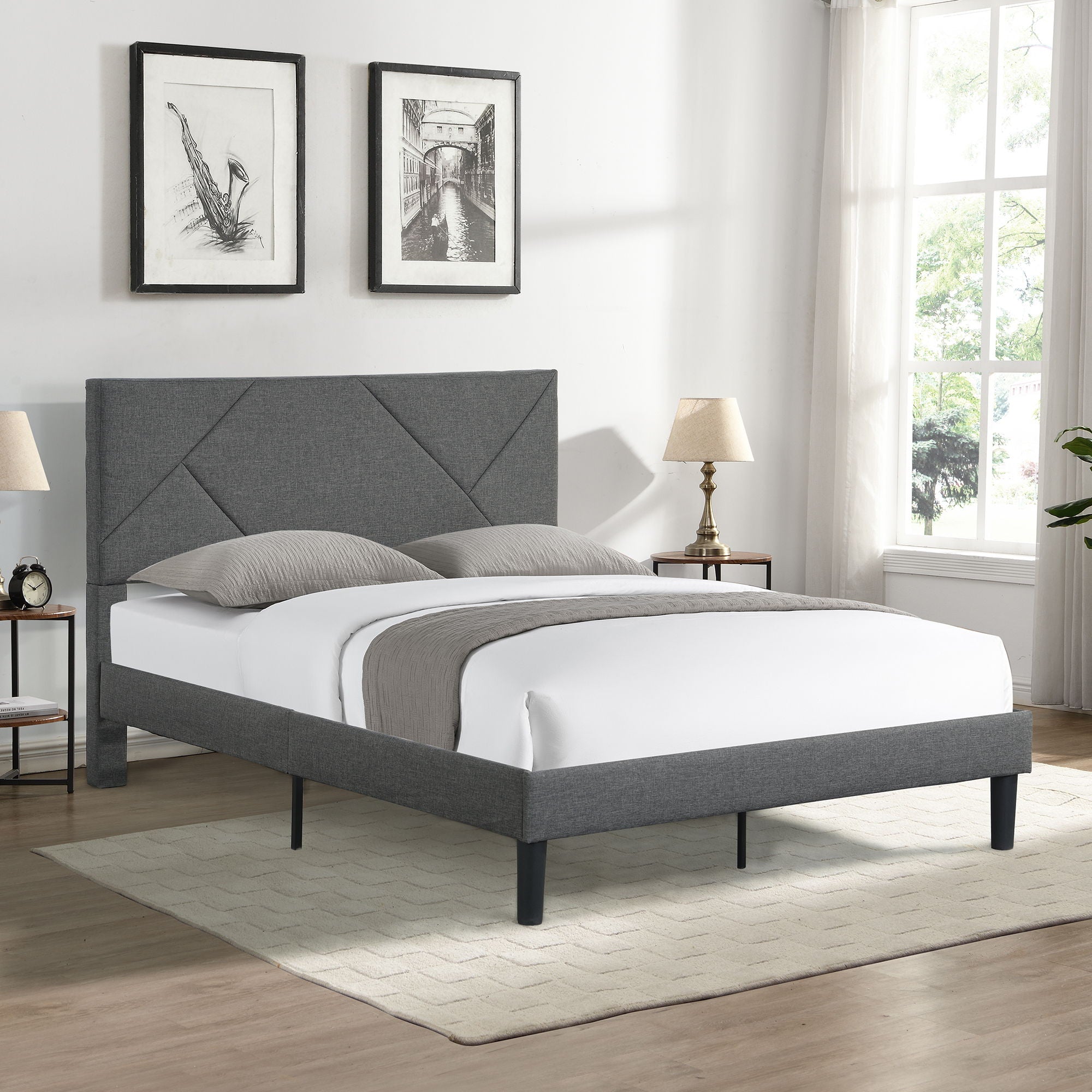 Full Size Upholstered Platform Bed Frame With Headboard, Strong Wood Slat Support, Mattress Foundation, No Box Spring Needed - Gray by HouseOfZazla