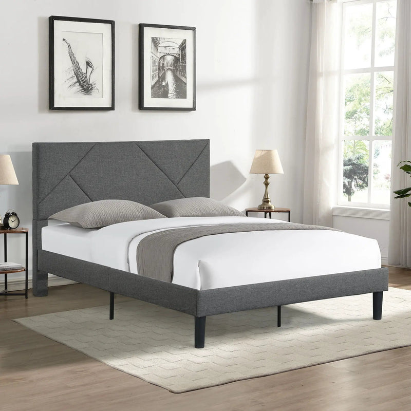 Full Size Upholstered Platform Bed Frame With Headboard, Strong Wood Slat Support, Mattress Foundation, No Box Spring Needed - Gray by HouseOfZazla