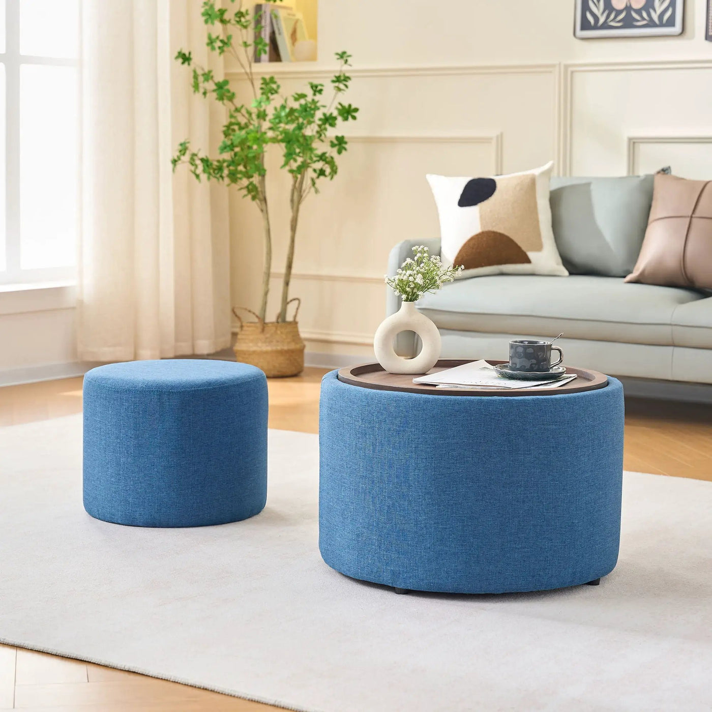 Nesting Ottomans, Round Coffee Table & Bench With Tray (Set of 2) by HouseOfZazla