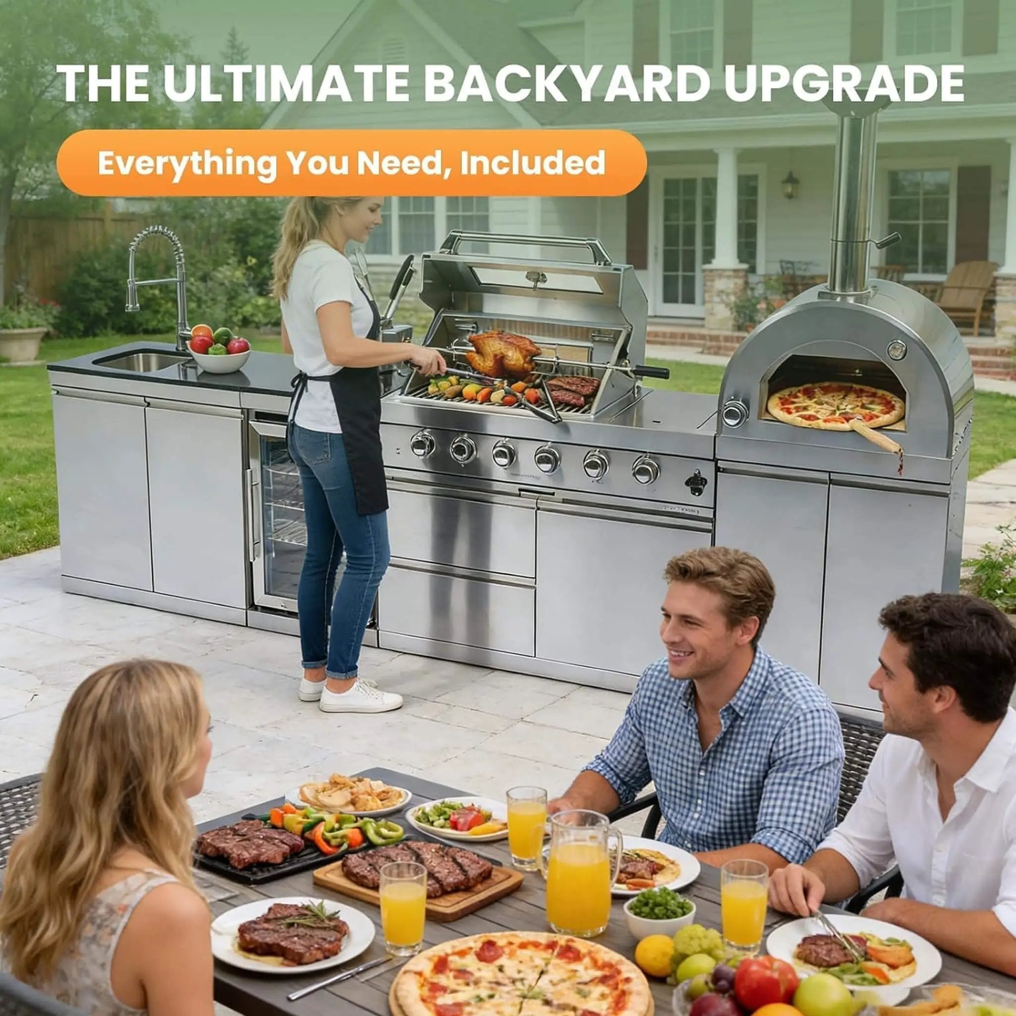 Blazon 125-Inch 4-Burner 108K BTU Outdoor Kitchen Island With Pizza Oven, Rotisserie & Refrigerator (SAK55768) by SAKSBY WHOLESALE