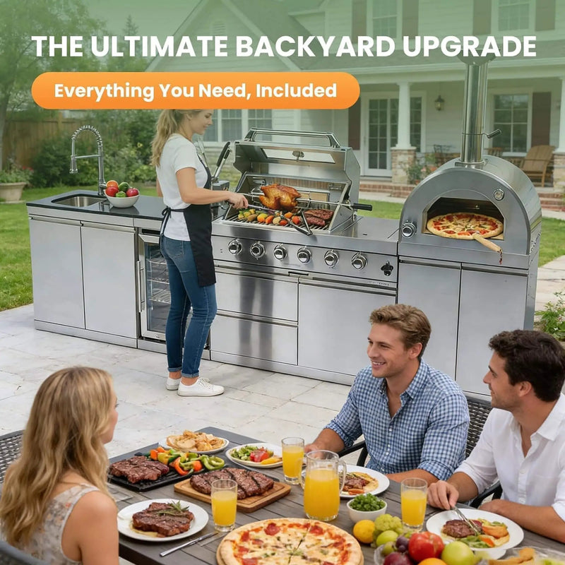 Blazon 125-Inch 4-Burner 108K BTU Outdoor Kitchen Island With Pizza Oven, Rotisserie & Refrigerator (SAK55768) by SAKSBY WHOLESALE