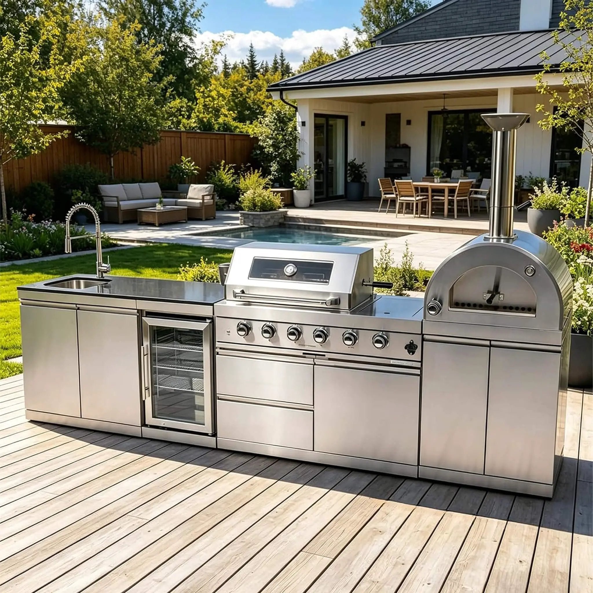 Blazon 125-Inch 4-Burner 108K BTU Outdoor Kitchen Island With Pizza Oven, Rotisserie & Refrigerator (SAK55768) by SAKSBY WHOLESALE