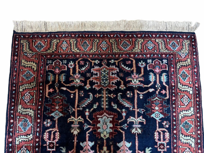 4x6 Vintage Handmade Wool Geometric Rug Organic Dyes Blue Red Hand-Knotted Rug by Jewel Rugs