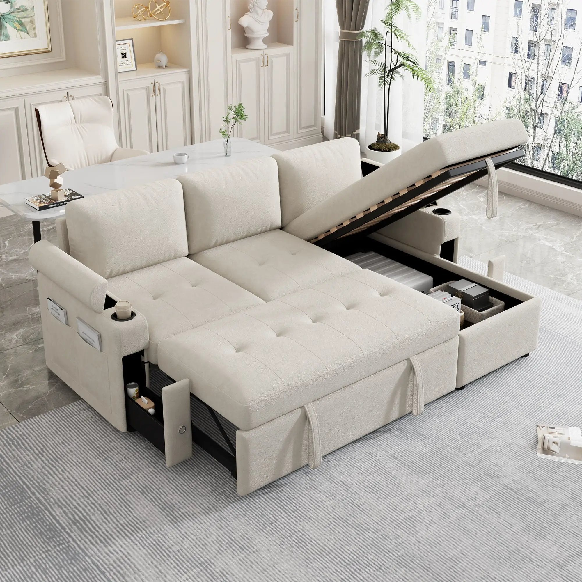 Convertible L Shaped Sofa Couch With Storage, Cup Holders, USB Ports by HouseOfZazla