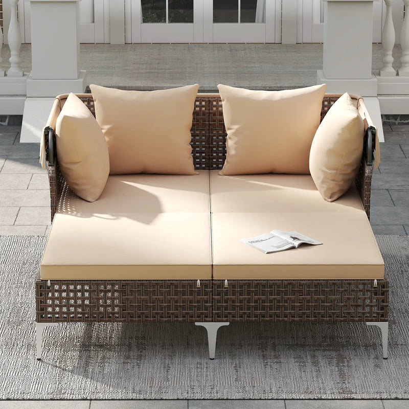 Outdoor Daybed with Retractable Canopy PE Wicker Rattan Patio Lounger by DirectDeals