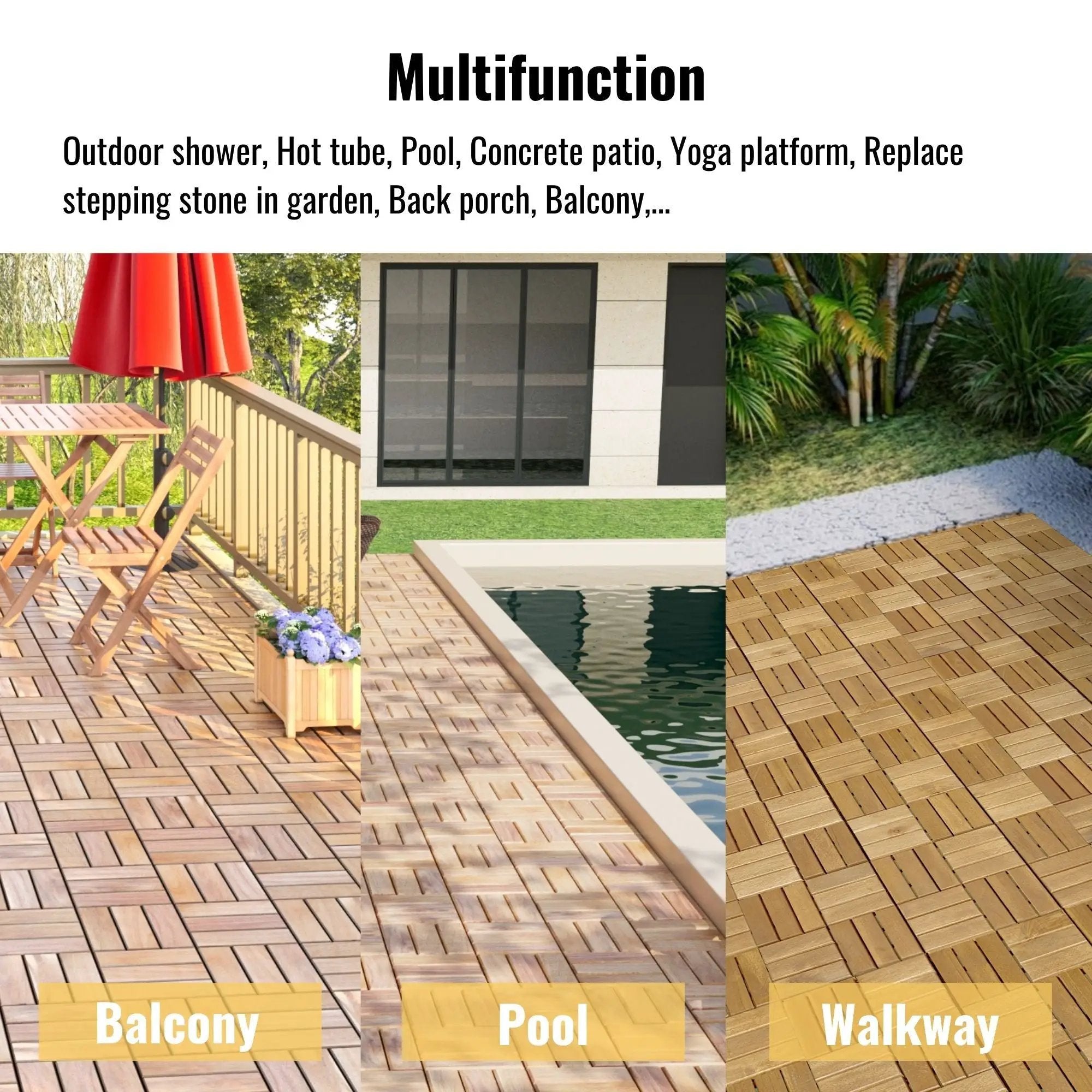 Interlocking Deck Tiles Checker Pattern, Square Acacia Hardwood Outdoor Flooring For Patio, Bancony, Pool Side by HouseOfZazla